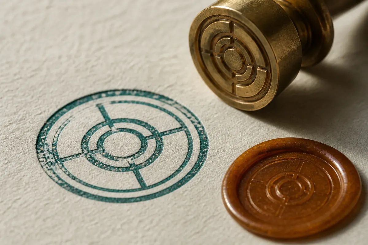 Macro of a geometric teal ink stamp on cream paper with amber wax