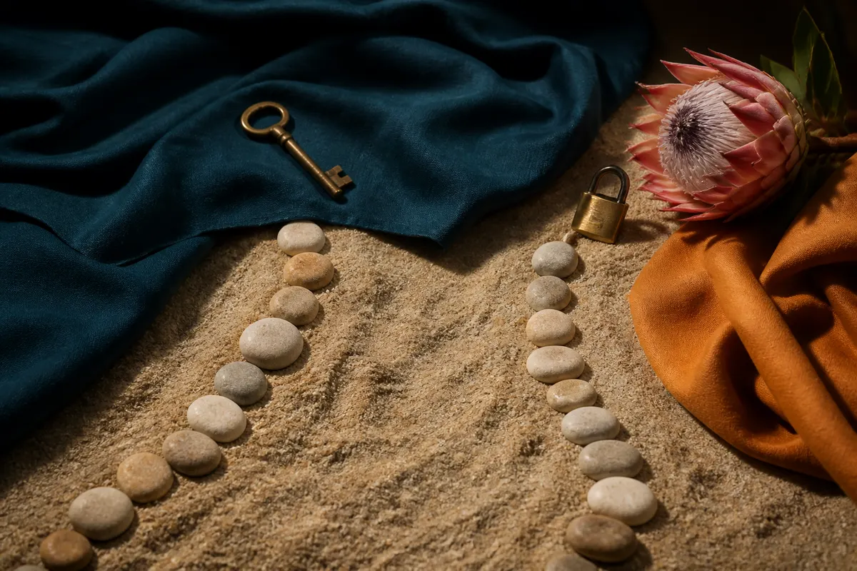 Two stone paths: one ending at a brass key, the other at a padlock beside a protea