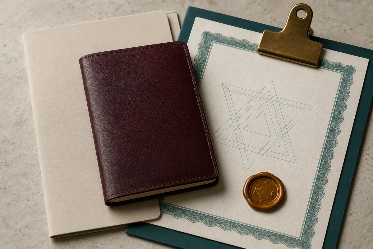Cream folder, travel booklet, and share certificate with a teal triangle watermark