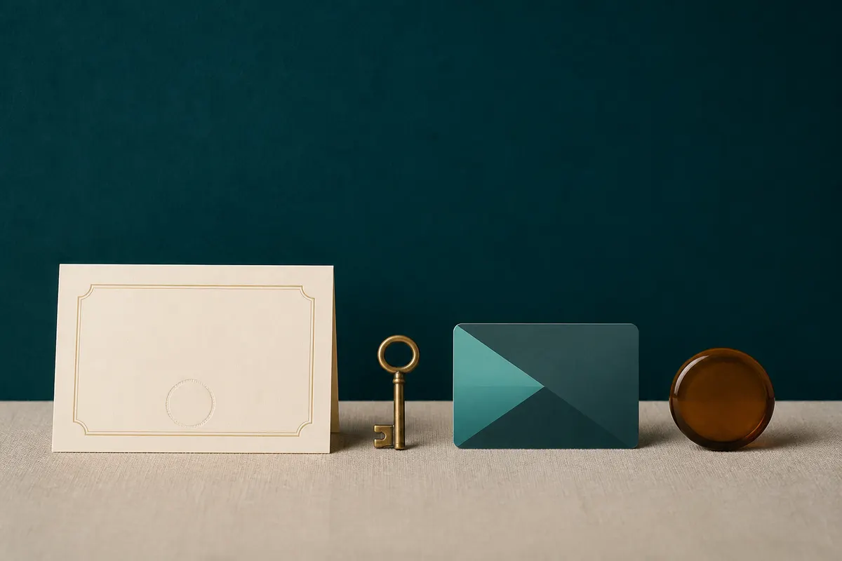 Certificate, brass key, bank card, and amber token in a row on linen